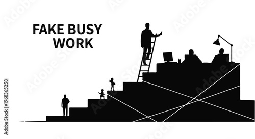 Businessman climbing corporate ladder with fake busy work colleagues in office setting, satire concept