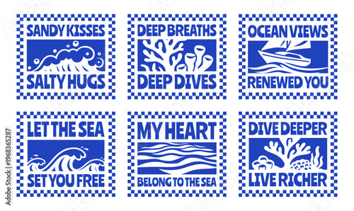 Set of Retro Summer Beach Vibes Flat Illustration for T-Shirt Print with Slogans, Vintage Tropical Apparel Sticker Design with Waves, Coral Reef, Coastal Travel Poster Badge Collection for Poster