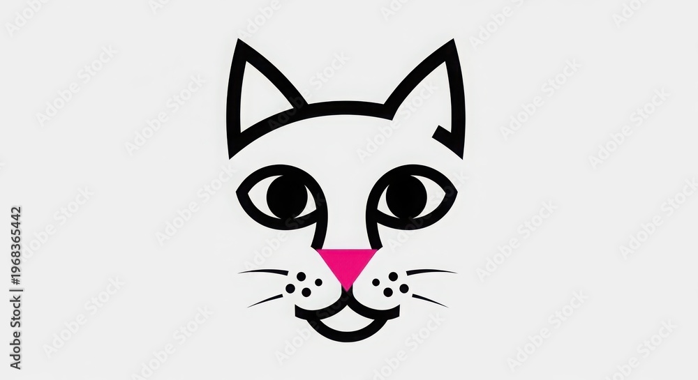 Obraz premium Minimalist Black and White Cat Face Vector Illustration with Pink Nose isolated on Transparent Background