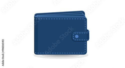 A Closed Blue Bi-Fold Wallet with White Stitching and a Snap Closure Isolated on a White Background