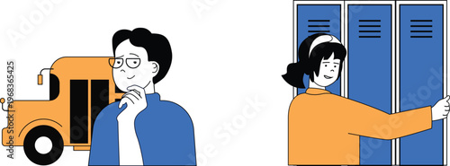 A thoughtful teacher pondering while a student smiles near a row of school lockers