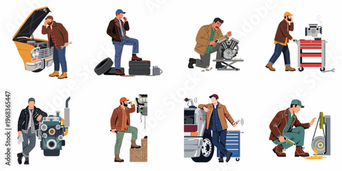 Collection of flat vector illustrations showing professional male mechanics and engineers repairing car engines, tires, and automotive machinery in a workshop environment.