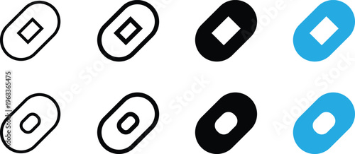 Set of adhesive bandage icons, medical plaster vector illustrations in various styles, flat design, line art, and solid color