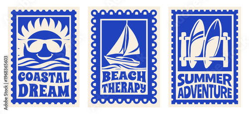 Set of Retro Summer Beach Vibes Flat Illustration for T-Shirt Print with Slogans, Vintage Tropical Apparel Sticker Design with Sunsise, Sailboat, Surboards, Coastal Travel Poster Badge Collection