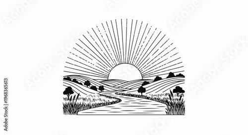 Rising sun over rolling hills and a winding river, stylized illustration