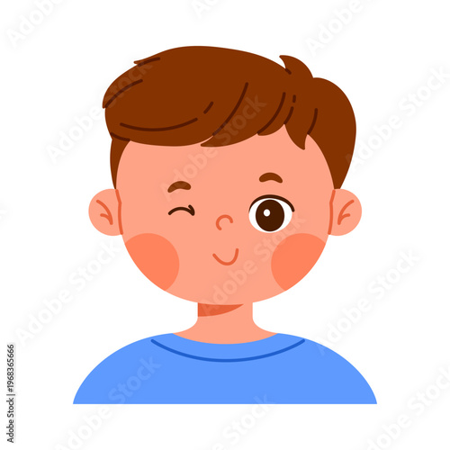 Cute happy little  boy character winking. Facial expression concept. Friendly child avatar with positive emotion.Kid apps and emotion education concept. Isolated vector illustration
