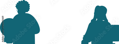 Two silhouettes of people engaged in a quiet conversation across a desk setting together