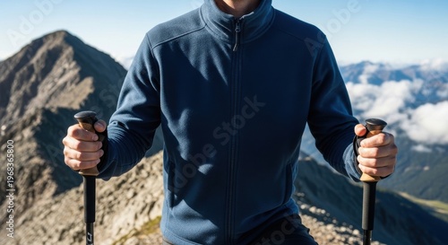 Middle-aged hiker with trekking poles standing on mountain ridge with scenic alpine backdrop
