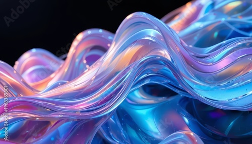 Abstract background with iridescent flowing liquid waves and glossy reflections