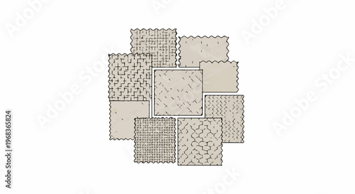 Group of light-colored square fabric swatches with different geometric patterns