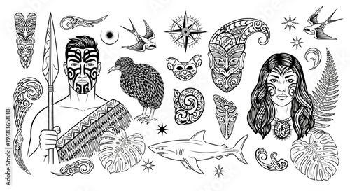 Maori Cultural Symbols and Traditional Tattoo Art Vector Set: Featuring Man, Woman, Kiwi Bird, Shark, Masks, and Koru Patterns in Black and White Line Art