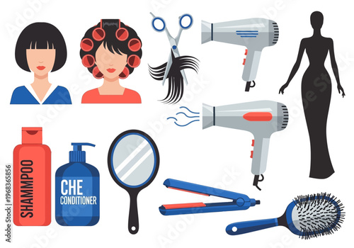 Hair Salon and Beauty Styling Vector Illustration Set with Professional Tools and Hair Care Icons