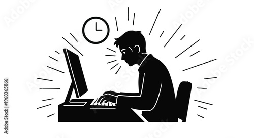 Busy professional man working on computer in office stress deadline time management concept