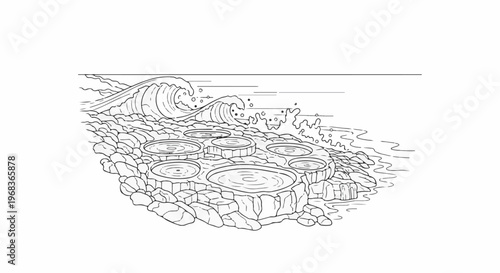 Rocky terrain with circular pools and crashing waves