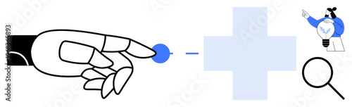 Artificial intelligence, healthcare technology, innovation, research, digital health, problem-solving. Robotic hand touches a blue dot near healthcare icon and magnifying glass. AI and healthcare