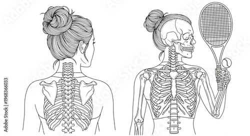 Anatomical Spine and Rib Cage Illustration with Tennis Player Skeleton, Medical Line Art of Human Musculoskeletal System for Sports Medicine and Education