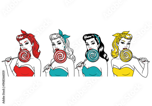 Retro Pop Art Illustration Set of Pin-up Women Holding Colorful Swirl Lollipops