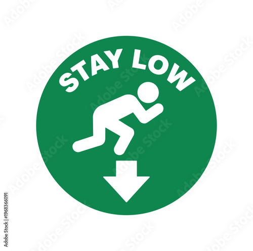 Stay low icon. person crawling, drop down, smoke safety, earthquake and fire evacuation, low position, arrow down. emergency safety instruction, keep low to avoid smoke. 