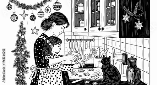 Mother and Daughter Baking Christmas Star Cookies in a Kitchen Illustration, Vintage Woodcut Style Black and White Art