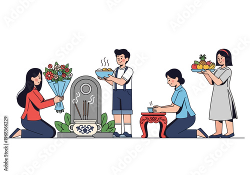 Qingming Festival Illustration of Asian Family Paying Respects at Ancestors' Grave with Food, Flowers, and Incense Offerings for Tomb-Sweeping Day