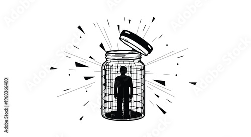 Trapped person inside glass jar with open lid, breaking free concept, black and white illustration, creative freedom, confined space