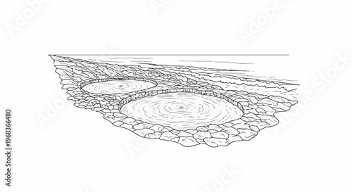 Earthy terrain with two circular natural pools filled with swirling water