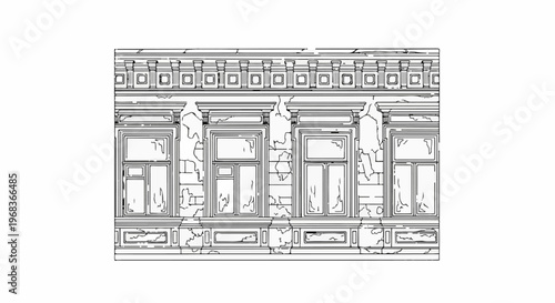 Detailed sketch of an old, cracked building facade with ornate window frames