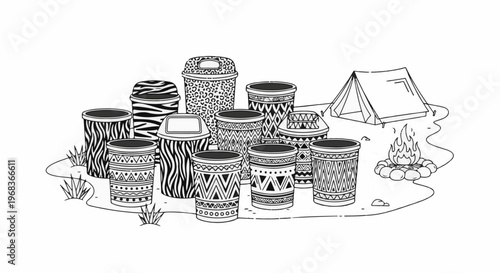 Collection of patterned bins and a tent with a campfire on uneven ground