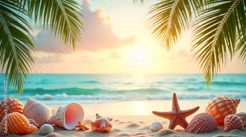Serene beach scene with seashells and starfish at golden hour