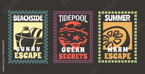 Set of Retro Summer Beach Vibes Flat Illustration for T-Shirt Print with Slogans, Vintage Tropical Apparel Sticker Design with Tide Pool, Beach Bag, Citrus, Coastal Travel Poster Badge Collection