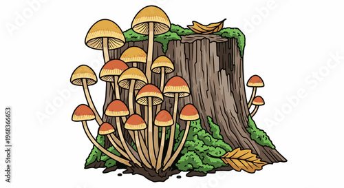 Cluster of small mushrooms sprout from mossy tree stump