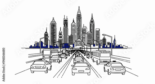 Busy city street with skyscrapers and traffic jam on a bright day