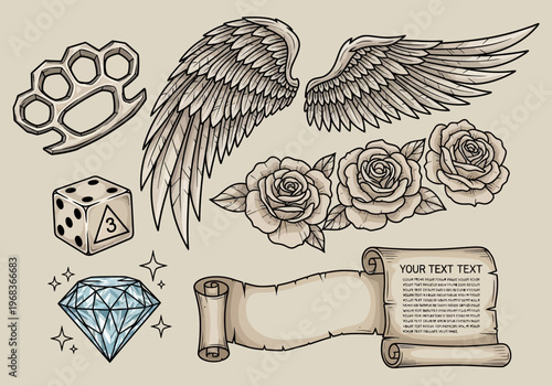 Vintage Old School Tattoo Flash Art Set Featuring Angel Wings, Roses, Brass Knuckles, Dice, Diamond, and Scroll Banner