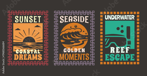 Set of Retro Summer Beach Vibes Flat Illustration for T-Shirt Print with Slogans, Vintage Tropical Apparel Sticker Design with Sunset, Waves, Snorkel Mask, Coastal Travel Poster Badge Collection