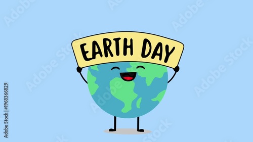 An animation cartoon of a smiling earth with earth day text. Save earth,happy earth day