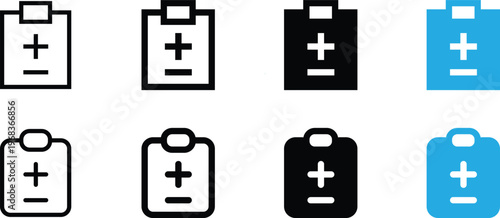 Set of clipboard icons with plus and minus signs, medical report or checklist symbols, vector illustration