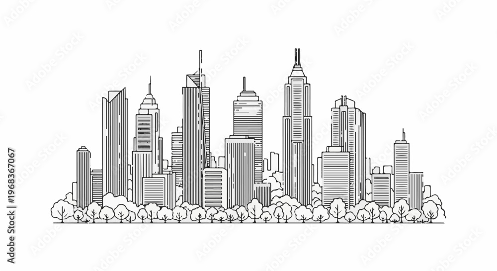 Fototapeta premium Stylized black and white sketch of a dense city skyline above lush trees
