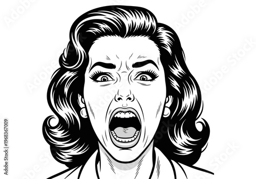 Retro Comic Style Woman Screaming in Shock and Terror Black and White Vector Illustration