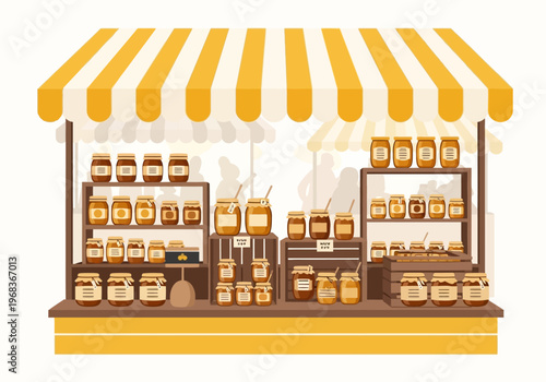 Flat Vector Illustration of a Local Market Stall Selling Organic Honey and Homemade Preserves. Street Fair Stand with Glass Jars and Striped Awning.