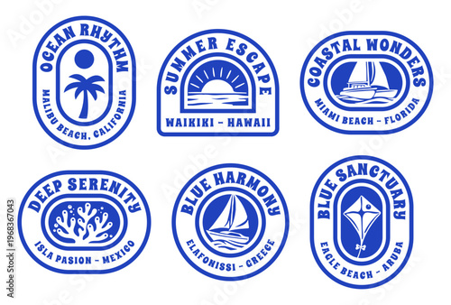 Set of Retro Summer Beach Badges With Famous Beach Destinations with Malibu, Waikiki, Miami, Isla Pasion, Elafonisi, Eagle Beach, Travel Logo Vector Illustration for T-Shirt Print, Coastal Design