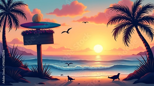 Serene beachside sunset with surfboard and tropical birds