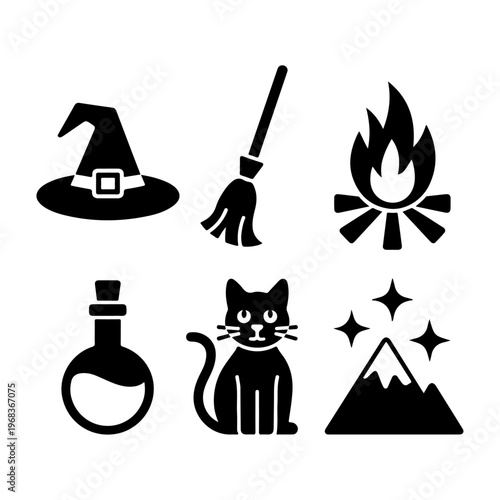 Walpurgis Night Icon Set – Witch Hat, Broomstick, Bonfire, Potion Bottle, Black Cat, Mountain Peak
