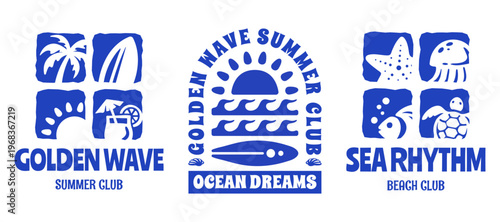 Set of Vintage Surf Club Logo Design Vector Illustrations, Retro Coastal Vibes Summer Club Emblem with Tropical and Beach icons for T-Shirt Prints, Posters, Shops, Beach Branding