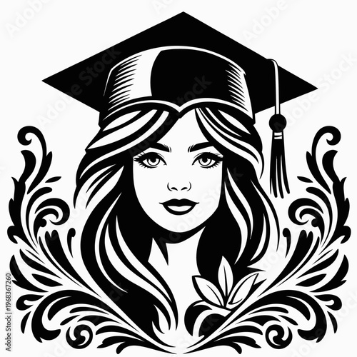 A black and white illustration of a woman wearing a graduation cap. The artwork features ornate floral designs around her face.