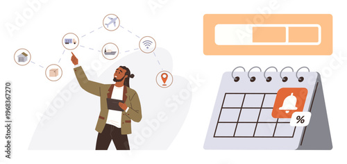 Business strategy, project management, digital tools, efficiency, scheduling, technology integration. Person pointing to icons business tools. Business strategy and project management concept