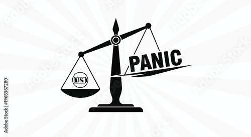 Black and white illustration of scales with panic text and money bag on one side, symbolizing financial stress and anxiety in a simple modern style