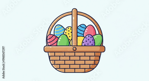 A colorful woven basket overflowing with decorated easter eggs