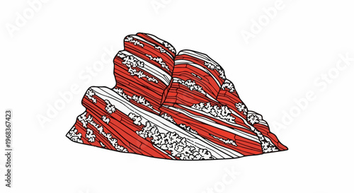 Stylized red and white striped rock formation with textured white patches