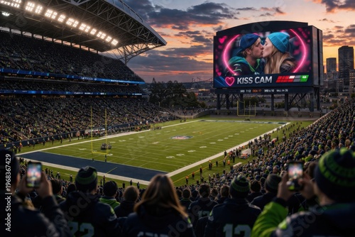 Large stadium video board showing a kiss cam moment during a football game at sunset. Modern arena architecture, dramatic sky, crowd atmosphere, sports entertainment concept.