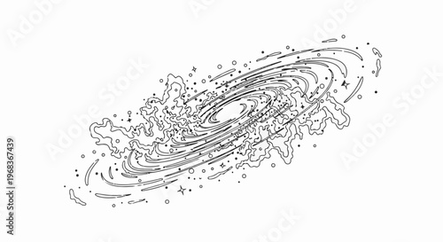 Stylized spiral galaxy with swirling arms, stars, and cosmic dust
